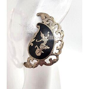 Vintage Sterling Siam Silver Niello Thai Dancer Clip-On Earrings Blue Enamel